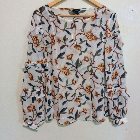 Ann Taylor Factory Tops - Ann Taylor Factory Floral Sheer Popover-Small-Chiffon-Keyhole Front-Ruffles